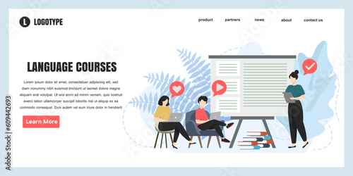 flat design concept Language courses for website and landing page template. Students learning foreign languages scene. perfect for web page design, banner, mobile app, Vector illustration