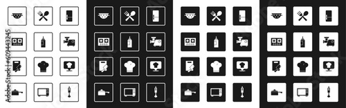 Set Refrigerator, Sauce bottle, Gas stove, Kitchen colander, meat grinder, Crossed fork spoon, Chef hat with location and Cutting board chopper icon. Vector