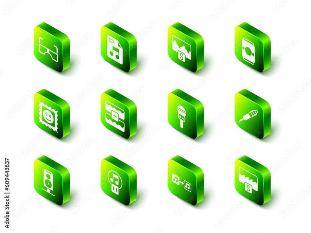 Set MP3 file document, Music wave equalizer, Beer can, Audio jack, Microphone, note, tone and Pause button icon. Vector Set MP3 file document, Music wave equalizer, Beer can, Audio jack, Microphone, note, tone and Pause button icon. Vector