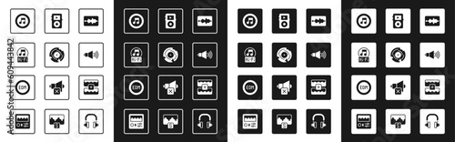 Set Music wave equalizer, Vinyl disk, note, tone, Speaker volume, player, and EDM electronic dance music icon. Vector