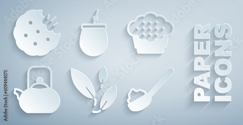 Set Tea leaf, Muffin, Kettle with handle, Spoon sugar, Mate tea and Cookie or biscuit icon. Vector