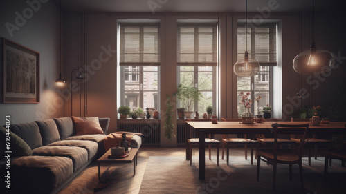Cozy living room interior with relax and eating space, panoramic window.  © Matthew