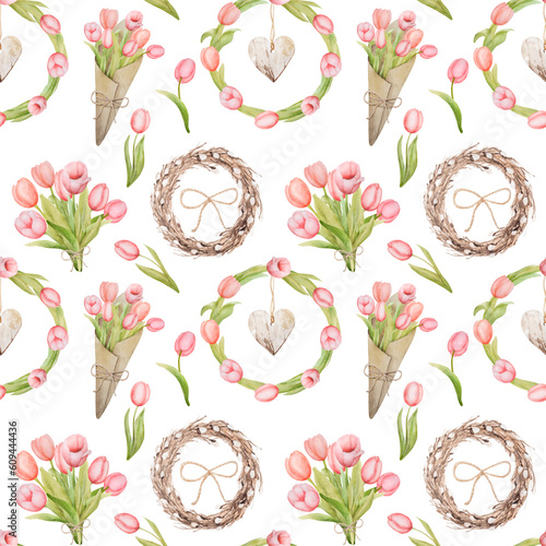 Beautiful pink tulip flowers bouquet and wreath with heart watercolorseamless pattern. Spring blossom garden plant aquarelle painting photo