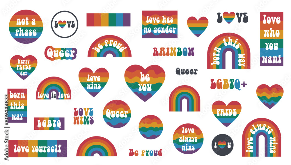 Vector set of LGBTQ community symbols with rainbow flag in retro funky style. Pride month slogan and phrases stickers.