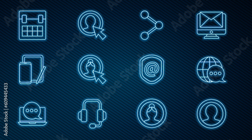 Set line Create account screen, World map made from speech bubble, Share, Phone and graphic tablet, Calendar, Shield with mail e-mail and icon. Vector