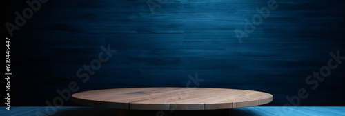 A round wooden table with blue background, ideal for product presentation, Generative AI photo