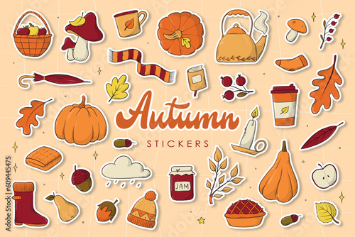 set of Autumn stickers, clip art, doodles, cartoon elements for prints, sublimation, scrapbooking, planners, cards, posters, home decor. EPS 10