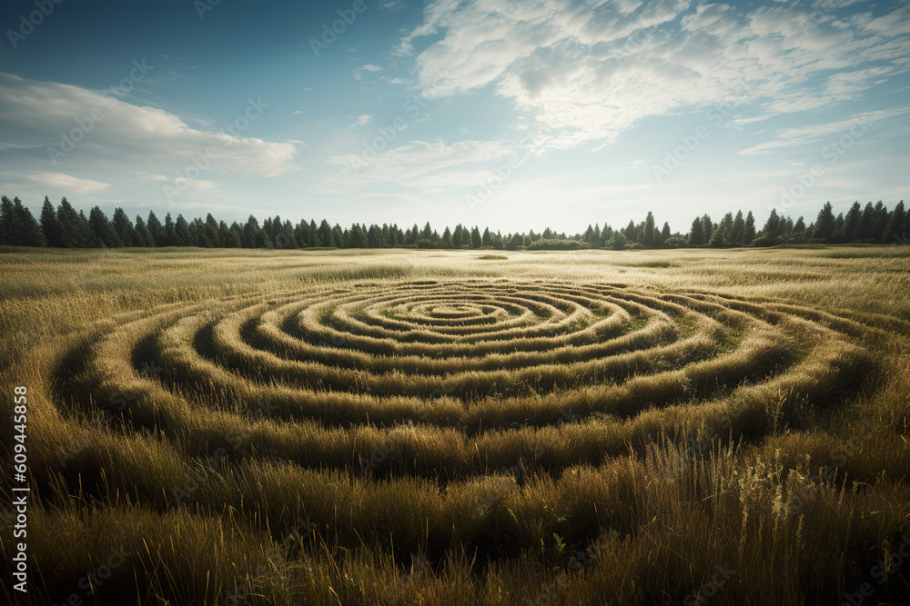 A field with a spiral at its center and a sky background. Mysterious shapes in a plantation. A circular spiral pattern in a field of golden wheat. Realistic 3D illustration. Generative AI A field with a spiral at its center and a sky background. Mysterious shapes in a plantation. A circular spiral pattern in a field of golden wheat. Realistic 3D illustration. Generative AI