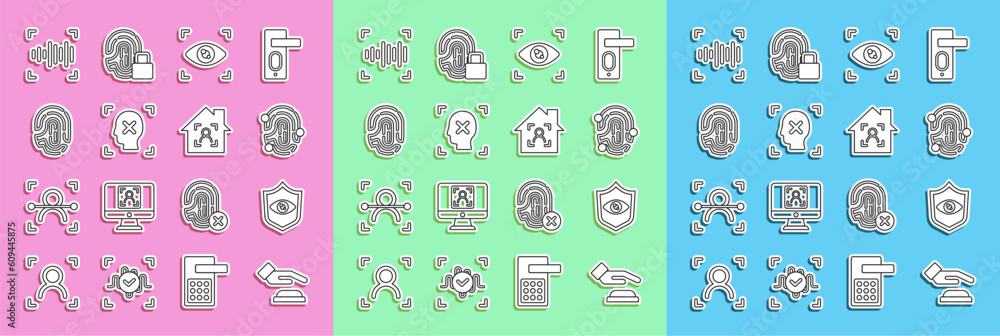 Set line Palm print recognition, Shield eye scan, Fingerprint, Eye, Rejection face, Voice and Smart home with id icon. Vector Set line Palm print recognition, Shield eye scan, Fingerprint, Eye, Rejection face, Voice and Smart home with id icon. Vector
