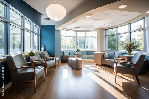 An image featuring a welcoming and comfortable waiting area with stylish seating, soothing colors, and natural light, creating a calming atmosphere for patients and visitors. Generative AI