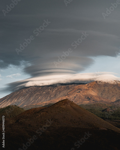 Spectacular lenticular clouds over the Teide volcano at sunset on the Canary Island of Tenerife.