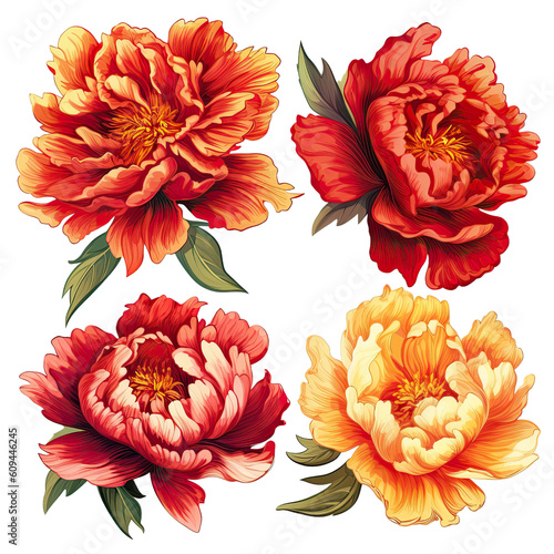 Fototapeta Naklejka Na Ścianę i Meble -  Red and yellow peonies flower ,Watercolor collection of hand drawn flowers , Botanical plant illustration transparent background, PNG ,Generative AI