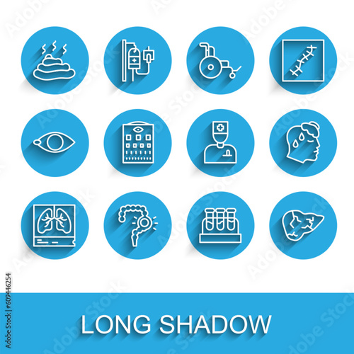 Set line Lungs x-ray, Gut constipation, Shit, Test tube with blood, Hepatitis virus, Eye test chart, High human body temperature and Male doctor icon. Vector