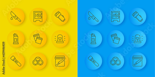 Set line Flashlight, Pepper spray, Plastic bag with ziplock, Evidence knife, Flasher siren, Bloody, Police electric shocker and Safe icon. Vector