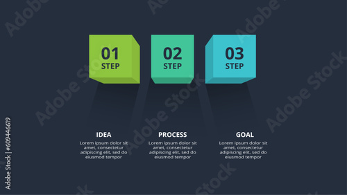 3d concept for infographic with 3 steps, options, parts or processes. Template for web on a black background.