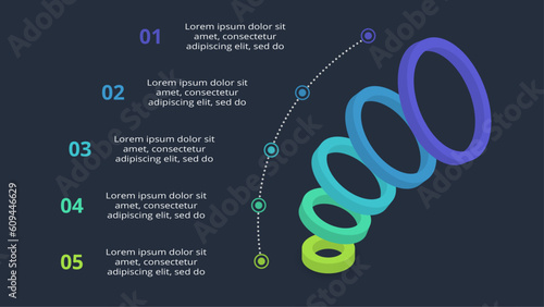 3d concept for infographic with 5 steps, options, parts or processes. Template for web on a black background.