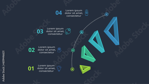 3d concept for infographic with 4 steps, options, parts or processes. Template for web on a black background.