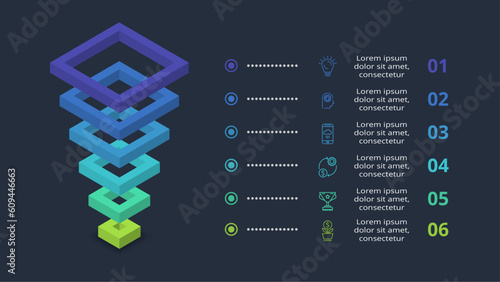 3d concept for infographic with 6 steps, options, parts or processes. Template for web on a black background.