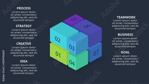 3d concept for infographic with 7 steps, options, parts or processes. Template for web on a black background.