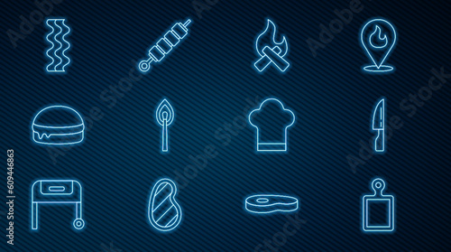 Set line Cutting board  Barbecue knife  Campfire  Burning match with  Burger  Bacon stripe  Chef hat and Grilled shish kebab icon. Vector
