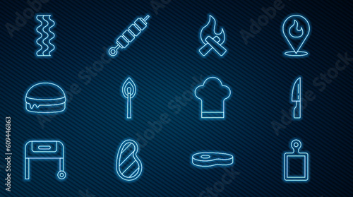 Set line Cutting board, Barbecue knife, Campfire, Burning match with, Burger, Bacon stripe, Chef hat and Grilled shish kebab icon. Vector