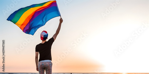 Boy waving rainbow flag. Concept of LGBT pride. AI generated