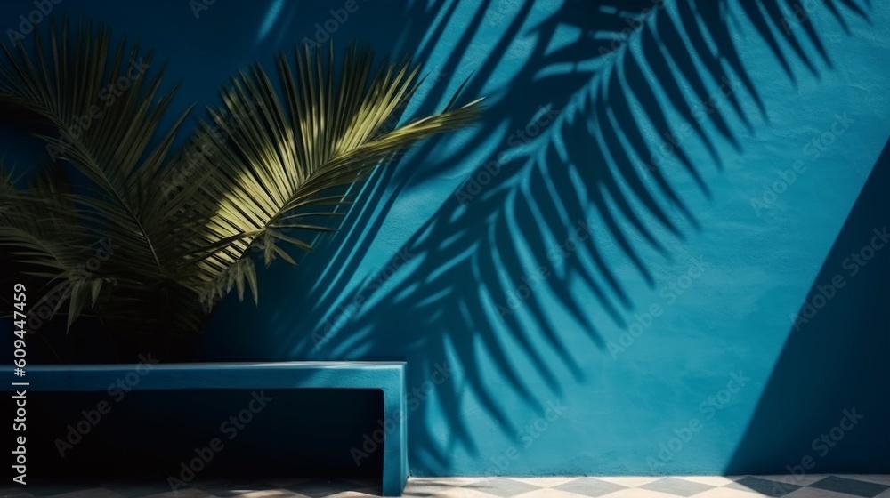 Blue empty table top and blue pattern wall with palm leaf shadows. Place for your product display. Ai Generative