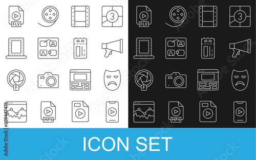 Set line Online play video, Drama theatrical mask, Megaphone, Play Video, Storyboard, Makeup mirror with lights, FLV file document and Cinema ticket icon. Vector