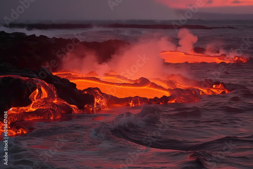 Hot and fresh lava flows into the sea, generative AI.