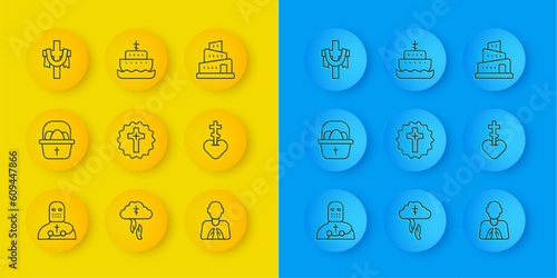 Set line Knight crusader, Basket with easter eggs, Christian cross, Hands in praying position, Religious heart, Babel tower bible story and Ark of noah icon. Vector