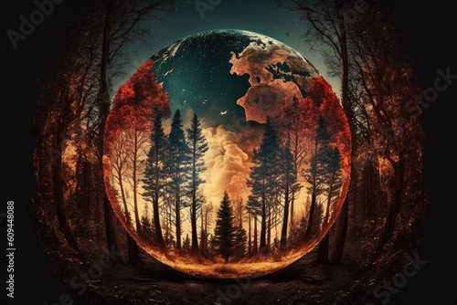 Planet earth enveloped in flames, concept of global warming on planet earth, generative AI.