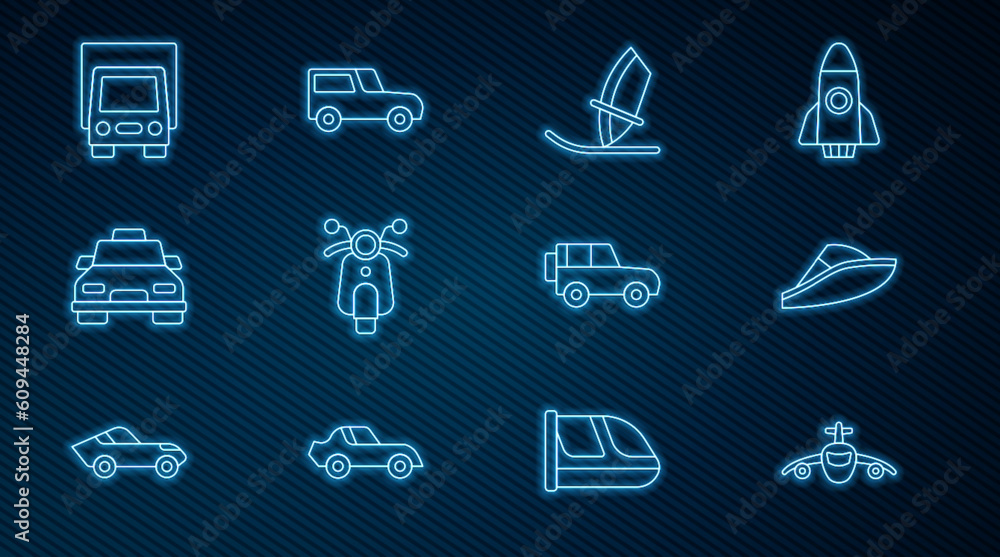 Set line Plane, Speedboat, Windsurfing, Scooter, Taxi car, Delivery cargo truck, Off road and Car icon. Vector Set line Plane, Speedboat, Windsurfing, Scooter, Taxi car, Delivery cargo truck, Off road and Car icon. Vector