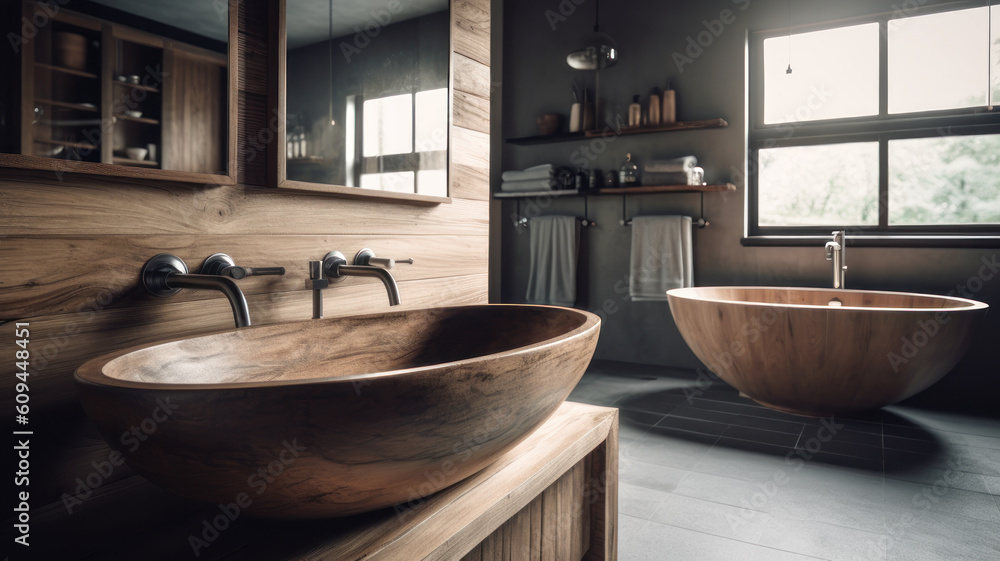 Gray and wooden bathroom interior with double sink and tub. 
