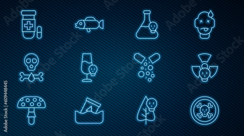 Set line Bones and skull, Radioactive, Beaker with toxic liquid, Poisoned alcohol, Antidote, pill and Puffer fish icon. Vector