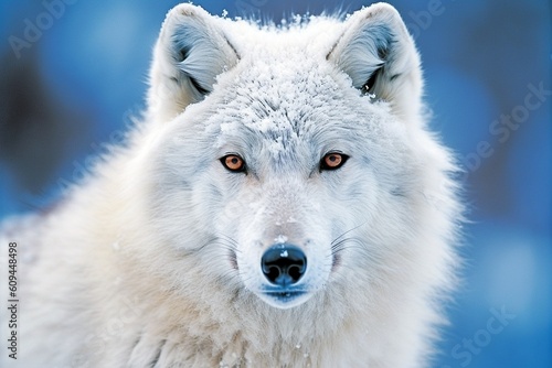 Close-Up of Orange-Eyed Arctic Wolf in Snowy Landscape - AI Generative