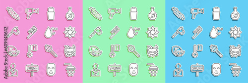 Set line Shower, Bar of soap, Flower, Sauna bucket, Hairbrush, Wooden axe, Washcloth and Water temperature icon. Vector