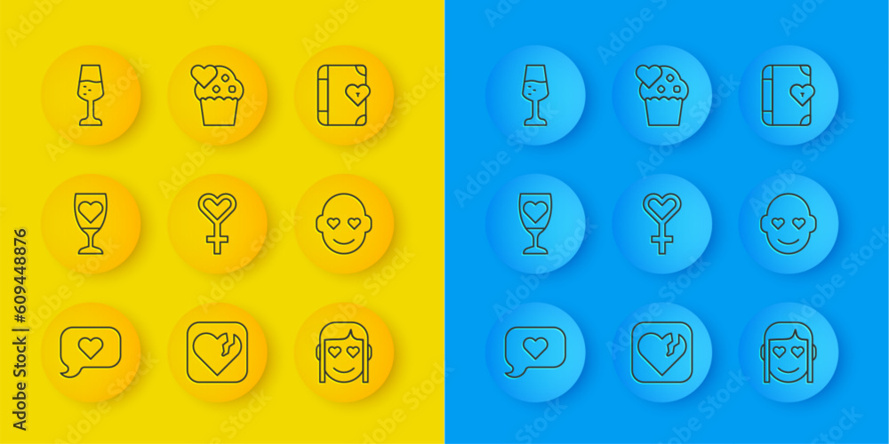 Set line Heart in speech bubble, Glass of champagne, Female gender symbol, Romantic girl, Love diary and Wedding cake icon. Vector Set line Heart in speech bubble, Glass of champagne, Female gender symbol, Romantic girl, Love diary and Wedding cake icon. Vector
