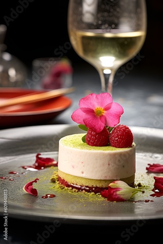 Dessert vanilla bavarois with tuille with raspberry photo