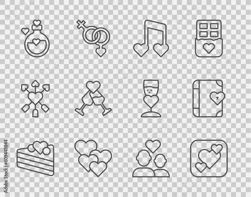 Set line Wedding cake, Heart, Music note, tone with hearts, Bottle love potion, Glass of champagne, Lover couple and diary icon. Vector
