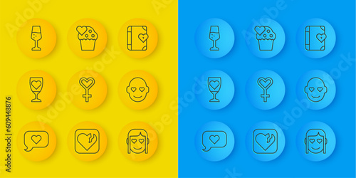 Set line Heart in speech bubble, Glass of champagne, Female gender symbol, Romantic girl, Love diary and Wedding cake icon. Vector