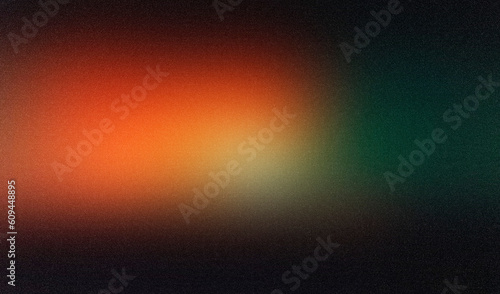 Color gradient grainy background, red orange white illuminated spots on black, noise texture effect