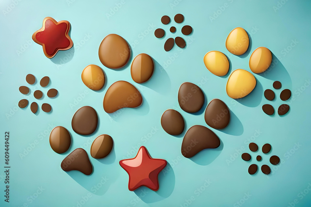 Fototapeta premium a playful mix of dog paw prints in various colors, set against a light blue background