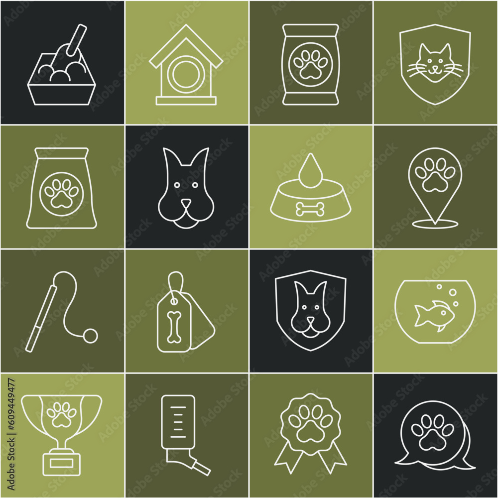 Set line Paw print, Aquarium with fish, Location veterinary hospital, Bag of food for pet, Dog, Cat litter tray shovel and Pet bowl dog icon. Vector Set line Paw print, Aquarium with fish, Location veterinary hospital, Bag of food for pet, Dog, Cat litter tray shovel and Pet bowl dog icon. Vector