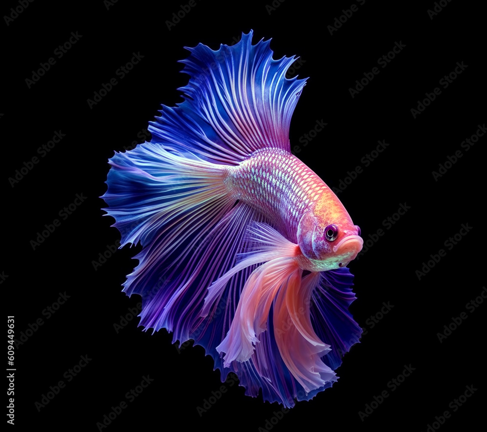 Siamese fish with flower tail and fins. Colorful floral fighting betta fish isolated on black. Amazing exotic floral tropical fish ai generated illustration