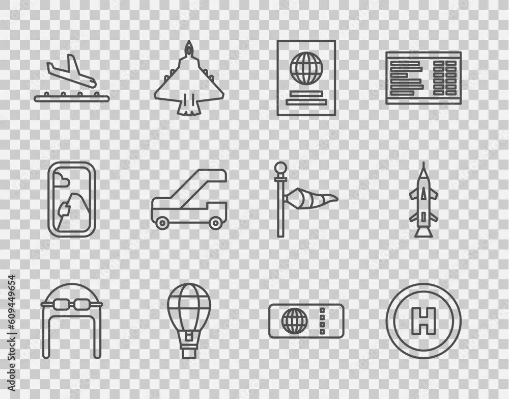 Set line Aviator hat with goggles, Helicopter landing pad, Passport, Hot air balloon, Plane, Passenger ladder for plane boarding, Airline ticket and Rocket icon. Vector Set line Aviator hat with goggles, Helicopter landing pad, Passport, Hot air balloon, Plane, Passenger ladder for plane boarding, Airline ticket and Rocket icon. Vector