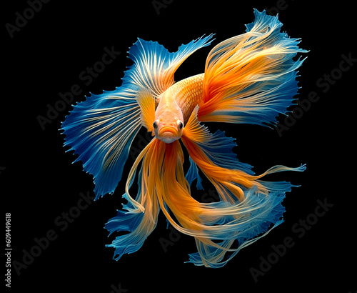 Betta butterfly fish. Colorful fighting Siamese fish with beautiful flower tail and fins isolated on black. Amazing exotic floral tropical fish ai generated illustration