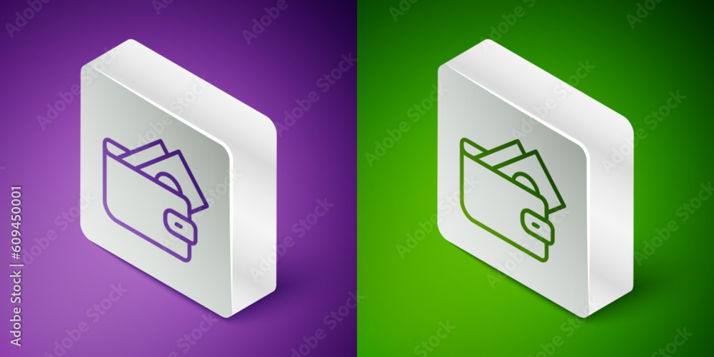 Isometric line Wallet with stacks paper money cash icon isolated on purple and green background. Purse icon. Cash savings symbol. Silver square button. Vector Isometric line Wallet with stacks paper money cash icon isolated on purple and green background. Purse icon. Cash savings symbol. Silver square button. Vector