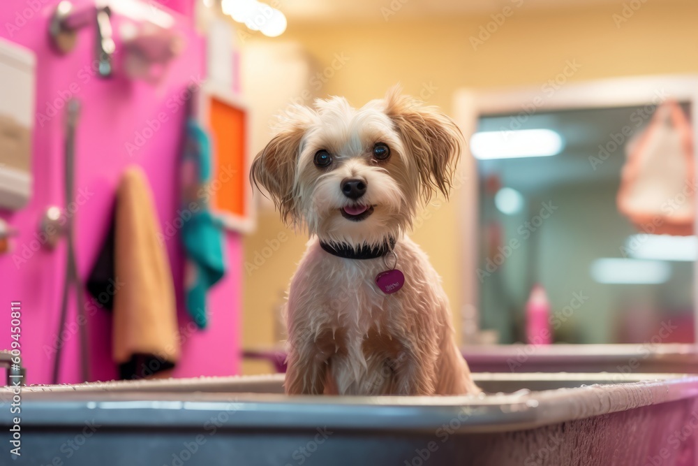 Dog being washed and groomed in a fashionable salon setting, reflecting the concept of grooming as a form of self-care for pets. Generative Ai - obrazy, fototapety, plakaty 