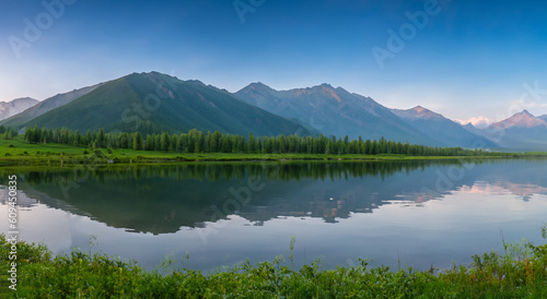 beautiful landscape of a lake surrounded by big mountains by day