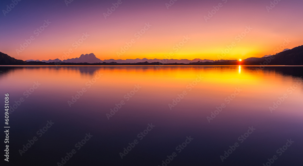 beautiful landscape in the autumn sunset with a lake reflected the sky